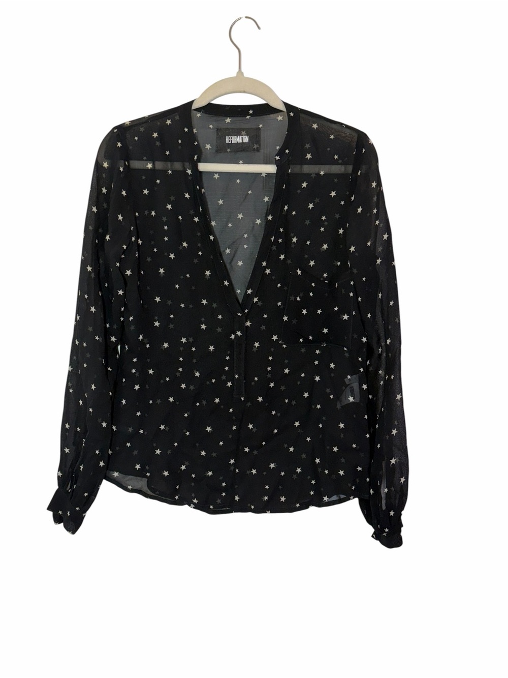 Reformation Black Star Print Sheer V-Neck Blouse Top XS 100% Viscose USA - Picture 3 of 9